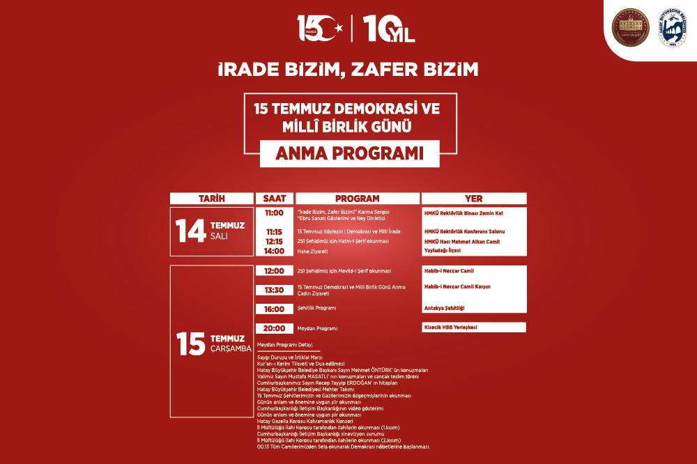 HATAY'DA 15 TEMMUZ ETKİNLİKLERİ DÜZENLENECEK